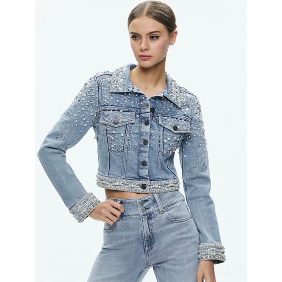 Alice + Olivia Light Blue Pearl Studded Jean Jacket - Picture 1 of 12